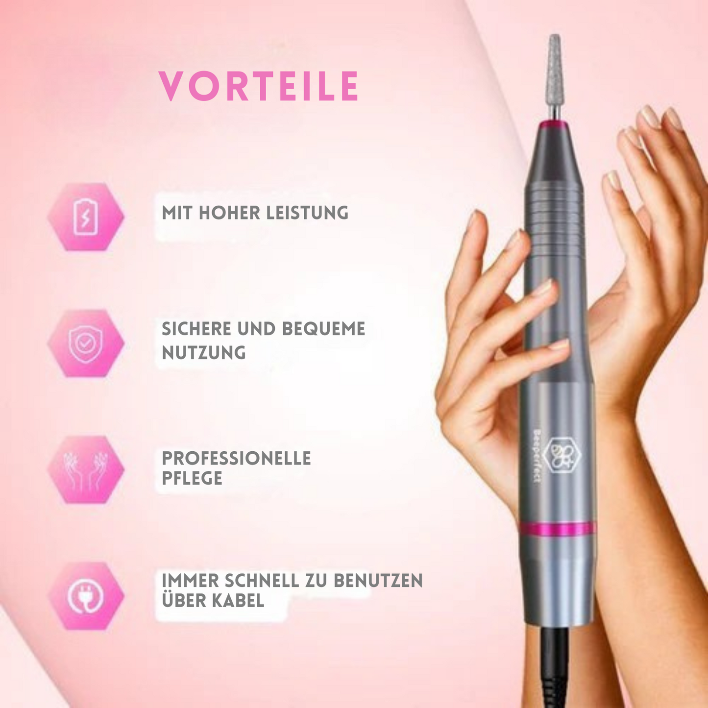 Beeperfect® - Elektrische Nagelfeile - Maniküre- und Pediküreset - 12 Bits und 60 Schleifrollen - Grau