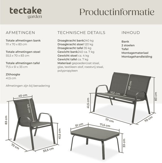 tectake® Gartenset Nora - Moderne Sitzgruppe für 4 Personen - Loungeset mit Gartensofa und 2 Gartenstühlen aus atmungsaktivem, wasserabweisendem Textilgewebe - Balkonset mit Beistelltisch - Luxuriöses Gartenmöbel-Set - Anthrazit