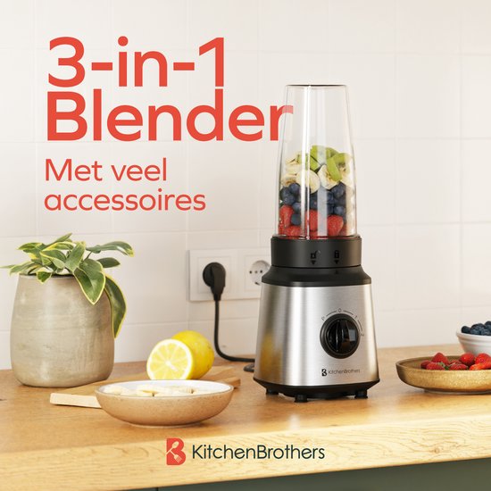 KitchenBrothers Blender - Komplettset - 2x 750ml Schüssel - Zerkleinerer - Stampfer - To-Go Becher - Edelstahl