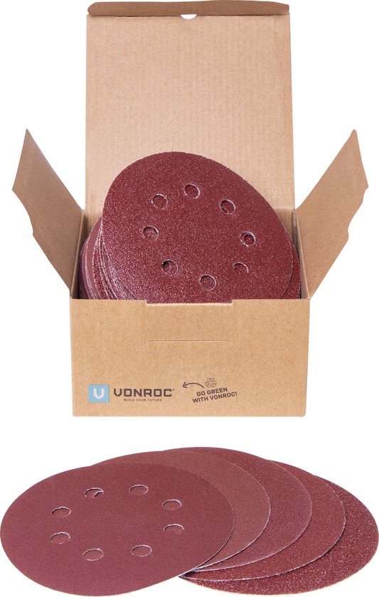 VONROC Schleifpapierset 125mm - 50 Stück - Für Exzenterschleifer - Klettbefestigung