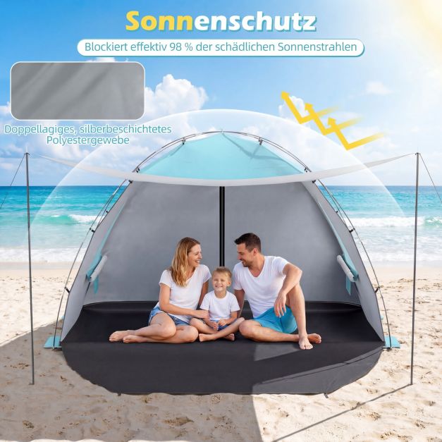 Coast Strandzelt 260 × 150 × 160 cm – Strandzelt mit Markise, UPF 50+ UV-Schutz, Netzfenstern und Tragetasche – Blau