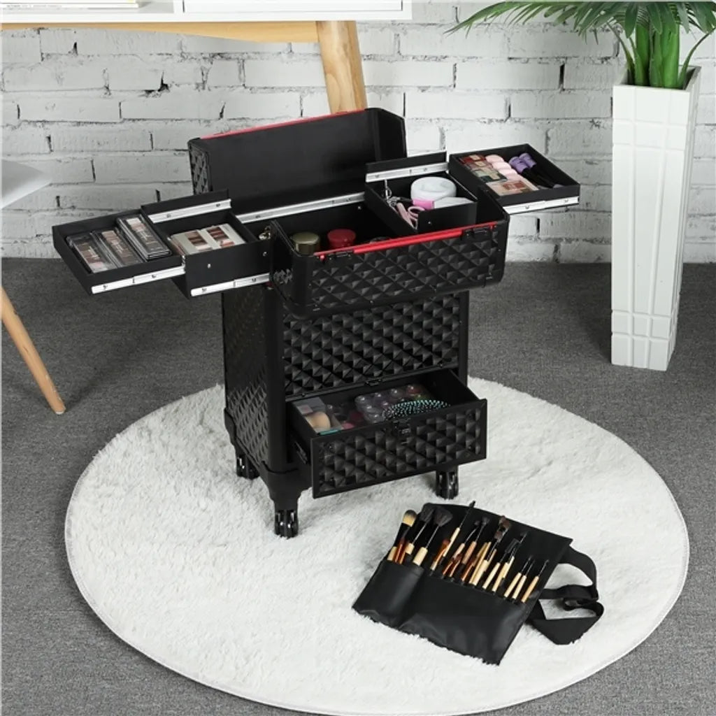 Yaheetech Make-up-Trolley mit Schublade und Teleskopgriff – Schwarz/Silber – 34,5 x 24,5 x 55,5 cm