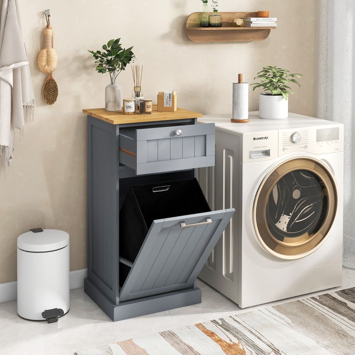 Coast Kleiderschrank mit Wäschekorb – Schublade und Stauraum – Bambus und MDF – weiß und natur – 40 x 37 x 82 cm