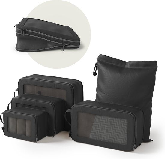 ONYXÂ¬Ã† Kompressionspackwürfel - 5 Stück - Gepäckorganisation mit Kompressionsreißverschluss - Für Koffer und Taschen - Schwarz