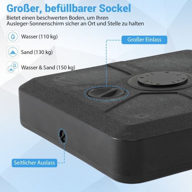 Coast Sonnenschirmständer 84 × 84 × 20 cm – Mobiler, befüllbarer Sonnenschirmständer für bis zu 150 kg mit 4 Rädern und ausziehbarer Zugstange – Schwarz