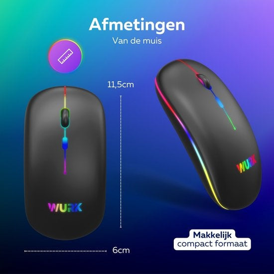 Wurk Wireless RGB Mouse - Wiederaufladbar - Bluetooth 4.0 - 2.4GHz - USB - Drahtlos - Computermaus - Laptop - PC - Schwarz