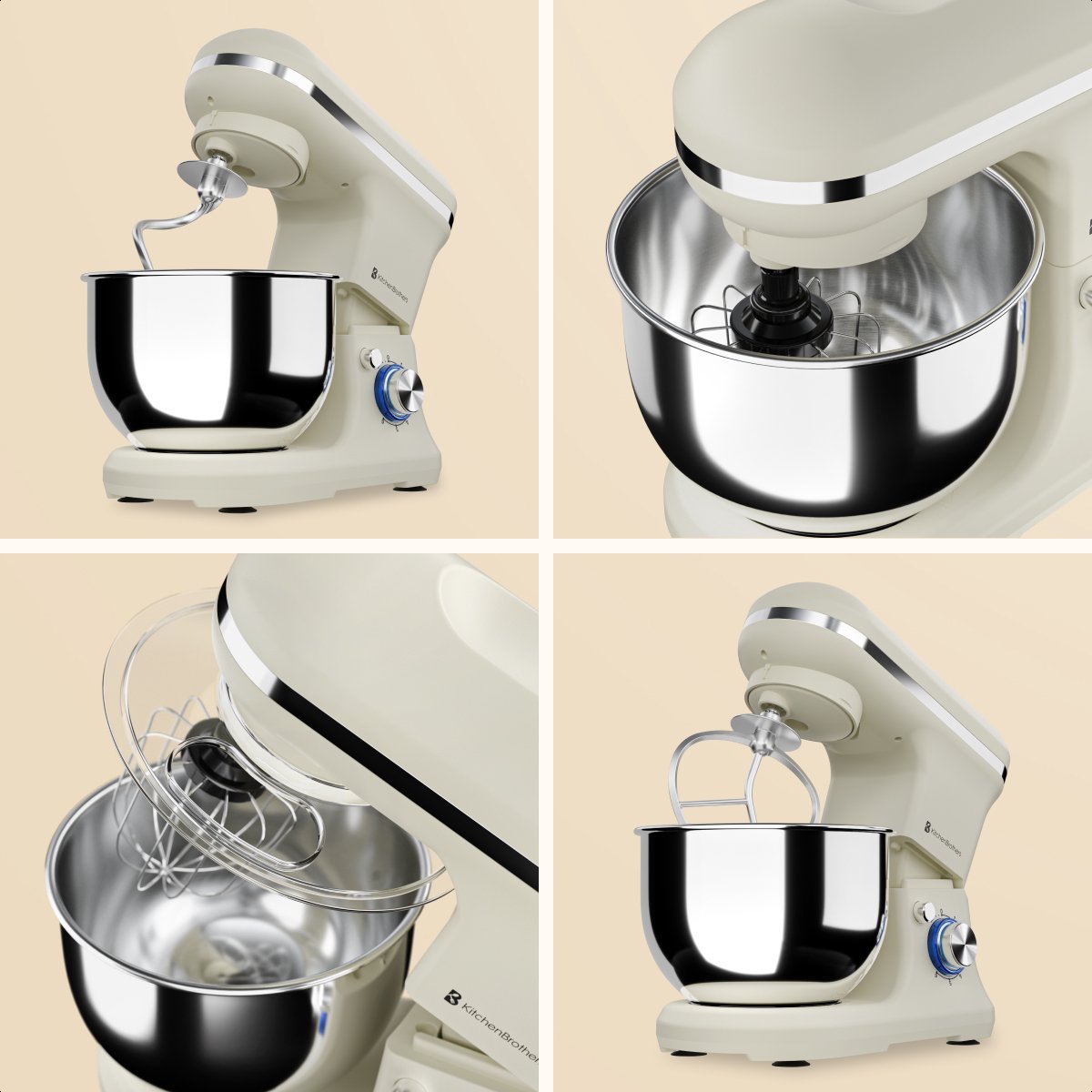KitchenBrothers Küchenmaschine - 1200W - 5L Rührschüssel - 6 Geschwindigkeiten + Pulse - Küchenroboter mit Knethaken, Schneebesen & Rührhaken - Champagner