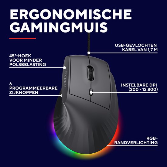 Trust GXT 145 Rexxa – Gaming-Maus – kabelgebunden – 12.800 DPI – RGB-Beleuchtung – ergonomisch, vertikal – schwarz