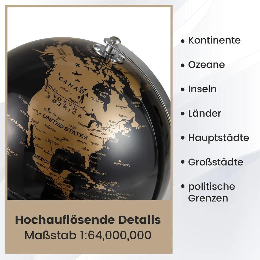 Coast Globus 20 cm – Schwarz/Gold – um 360° drehbar – mit Metallständer – 21 x 21 x 27 cm