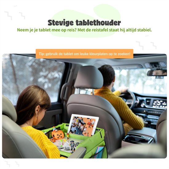 Qualita® Reisetisch für Kinder Grün - Tablet-Halter Auto - Autotisch - Spieltisch Auto - Auto-Organisator Kinder - Zeichentisch Auto - Klappbarer Reisetisch - faltbarer Reisetisch -
