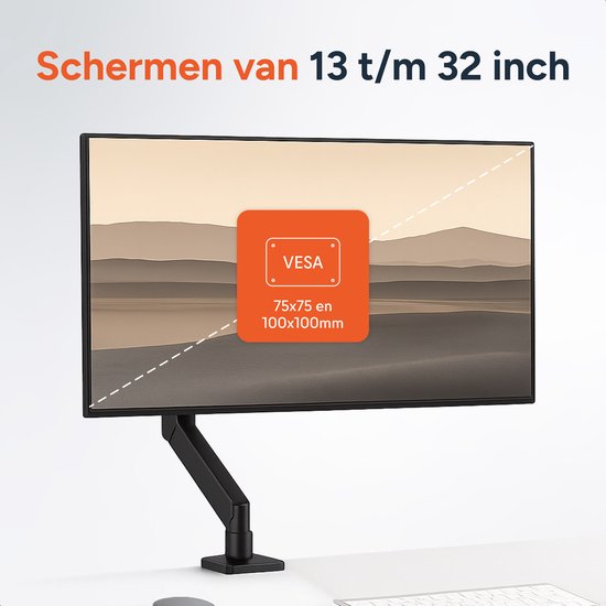 Skoov Monitorarm mit Gasfeder – Für 13–32 Zoll – Halterung für 1 Bildschirm – Monitor – Ständer – Halter – Halterung – Besonders stabil – Schwarz