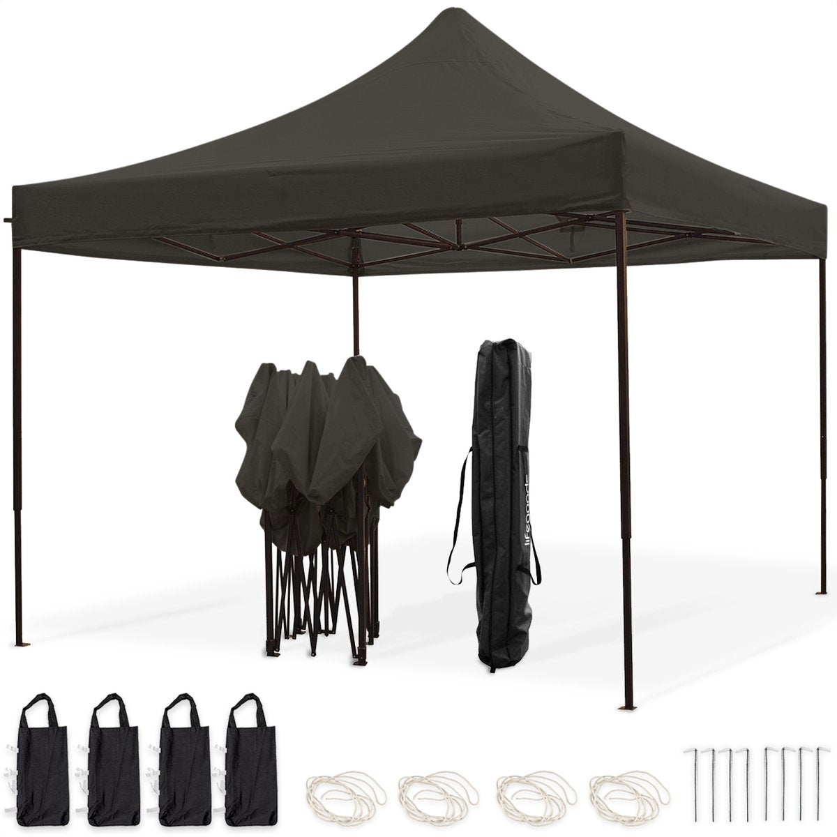 LifeGoods Partyzelt - 3x3 m - leicht aufbaubar - faltbar - wasserdicht - Tragetasche mit Rädern - anthrazit