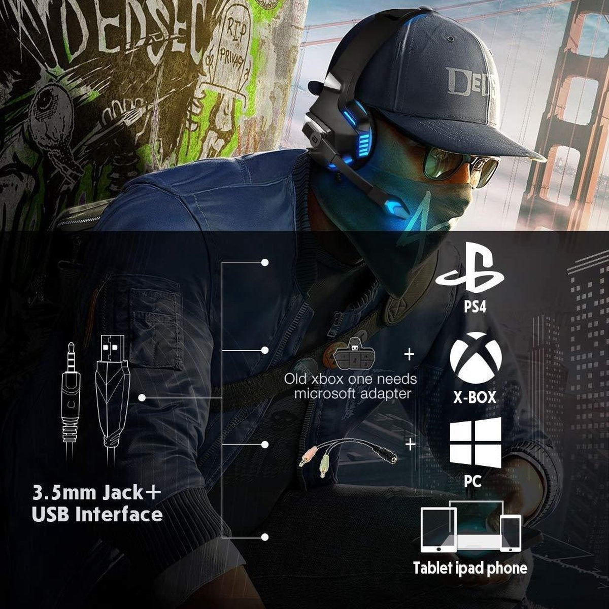 Hunterspider V3 Gaming-Headset - Schwarz/Blau - Geeignet für PS4, Xbox One & Windows