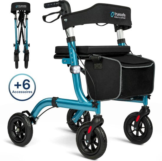 TrueSafe Rollator, leicht und zusammenklappbar (6,9 kg) – Für drinnen und draußen – Inkl. ergonomischem Sitzkissen, Beleuchtung, Rückenlehne, Gehstockhalterung und mehr – Blau