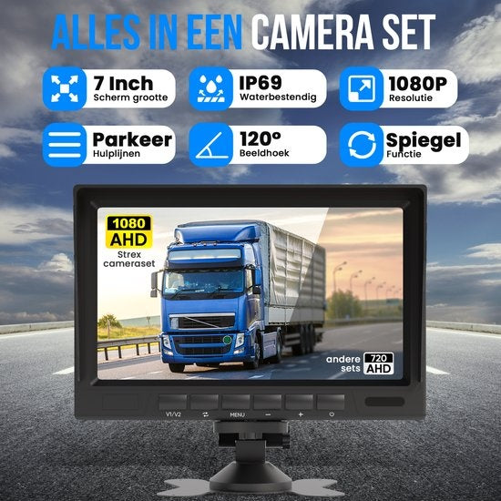 Strex - Rückfahrkamera-Set - 2 Kameras - HD 1080P - 7" Bildschirm - 18LED Nachtsicht 15m - IP69 Wasserdicht - Schwarz