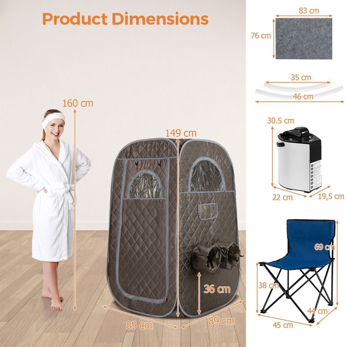 Coast tragbare Dampfsauna – Heimsauna für 1–2 Personen – 3-Liter-Dampferzeuger – Grau 89 x 89 x 149 cm