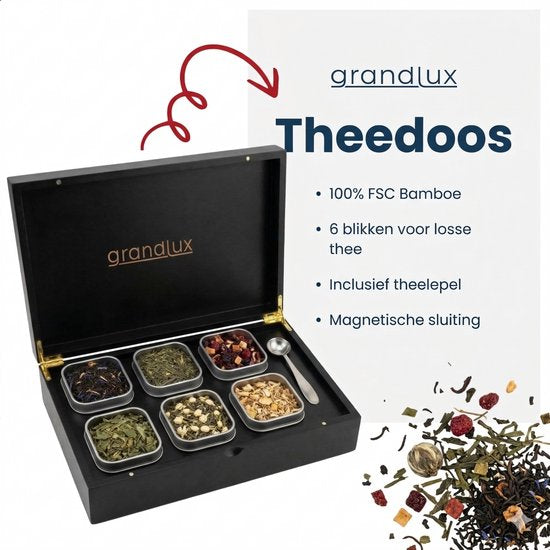 Grandlux Teebox mit 6 Fächern – Teebox für losen Tee – Edelstahl-Löffel – 100 % FSC-zertifiziertes Bambus – 6 Teedosen – Tee-Organizer – Teebox – Schwarz