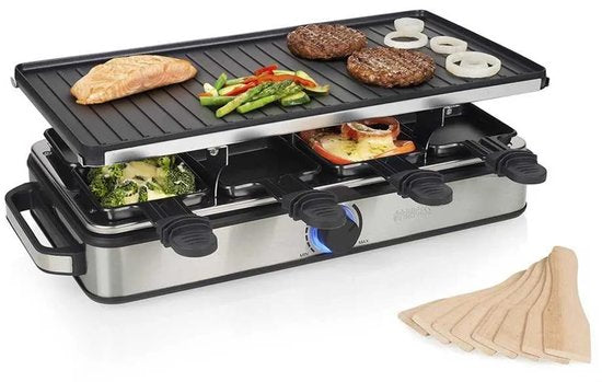 Princess Gourmet-Set 162645 – Raclette für 8 Personen – Einstellbarer Thermostat – 1400 W – 2 Meter langes Kabel – Wendbare Bratplatte – 8 Pfännchen – Edelstahl