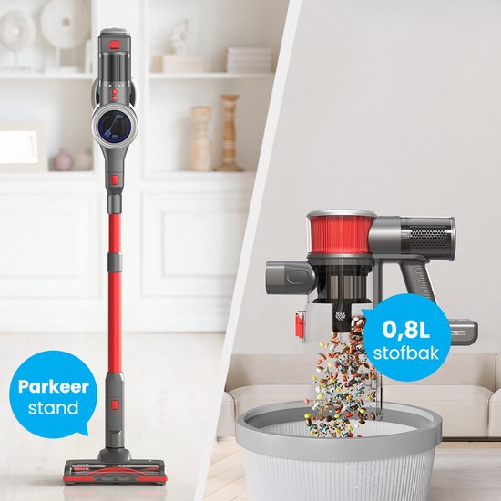 Auronic Stick Staubsauger - Kabellos - Standstaubsauger - Ohne Beutel - 350W - Extra Akku - Staubsauger - Grau/Rot