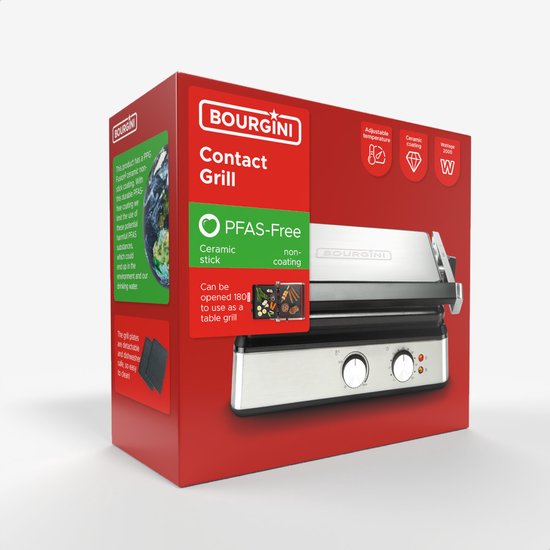 Bourgini - Kontaktgrill - 29cm x 23cm - Panini-Grill und Toast-Eisen - PFAS-freie Keramikbeschichtung