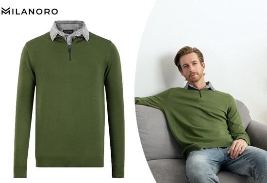 Milanoro - Herren Hemdkragenpullover mit halbem Reißverschluss - Grau - XXL