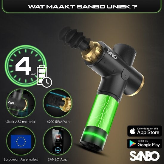 Sanbo Massagepistole Elite - Sport- und Entspannungsmassage - Schwarz/Gold - Professionelle 30 Stufen - Inklusive Etui - Inklusive APP - Massagepistole - Massagegerät - Fitness