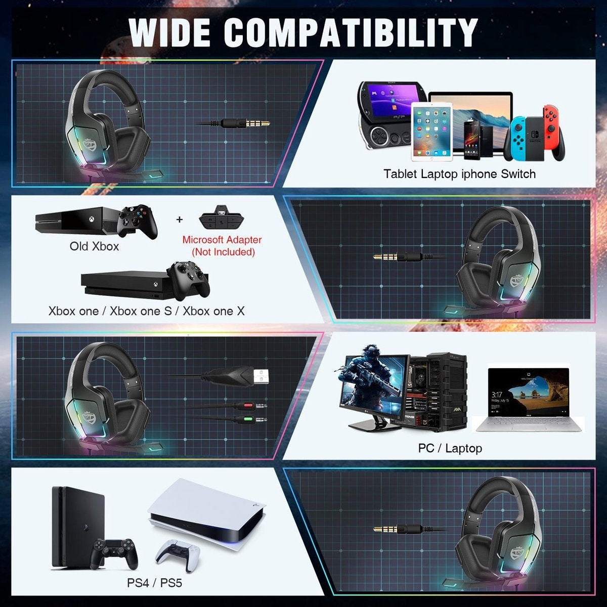 SoulBytes S12 RGB Over-Ear-Kopfhörer - Gaming-Headset mit Stereo-Mikrofon - Multi-Plattform - Schwarz