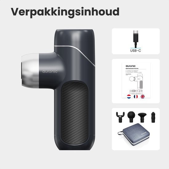 Auronic Massage Gun - Massagegerät - Professional - 4 Aufsätze und Etui - Massage Gun - Ganzkörper - Dunkelgrau