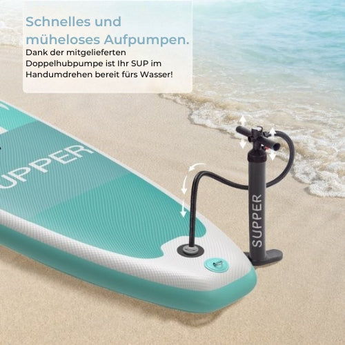 Supper - Sup Board XL - Max. 220KG - Wasserdichte Handytasche - Pumpe - Tragetasche - 335 x 81 cm - Türkis