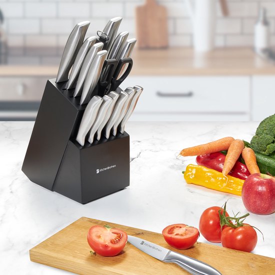 KitchenBrothers Messerset - Messerblock - 16-teilig - mit Schere und Wetzstahl - Silber/Edelstahl