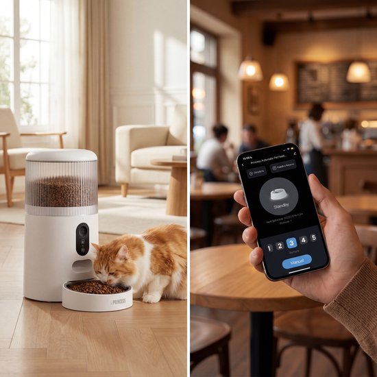 Princess Automatischer Futterspender – Smart 4 Liter – Katze & Hund – App-Steuerung – Trockenfutter – Edelstahlschüssel – BPA-frei – Pufferbatterie – Futterautomat – Futterspender – 610040