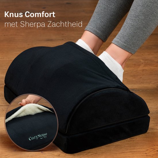 CozySense® Fußstütze Schreibtisch - Ergonomischer Fußhocker mit 2 Höhen - rutschfester & waschbarer Sherpa-Bezug - Fußpolster für Heim & Büro - Schwarz
