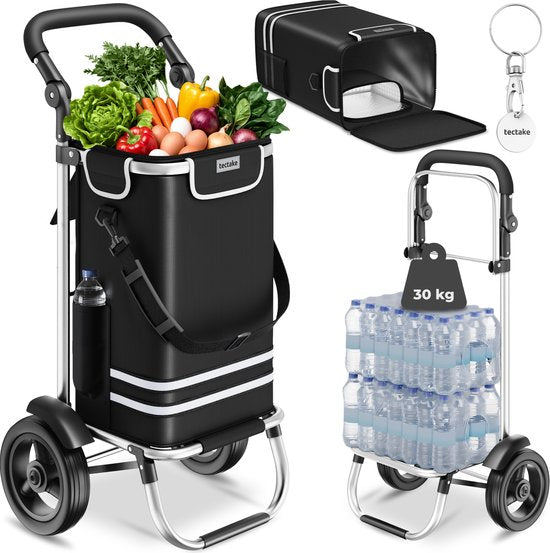 tectake® 3-in-1-Einkaufswagen mit Kühlfach – zusammenklappbar – 56 l Fassungsvermögen – Einkaufswagen – Einkaufstrolley - Auch als Sackkarre und Einkaufstasche verwendbar – Mit Schlüsselanhänger und Einkaufswagenmünze – Schwarz