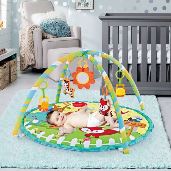 FUEGOBIRD – Baby-Spielmatte – Colorful Zoo – Deluxe-Spielmatte – Spielzeug zum Erkunden von Farben und zum Greifen – Schöne Klänge – Förderendes Spiel für Babys ab 2 Monaten – Rund