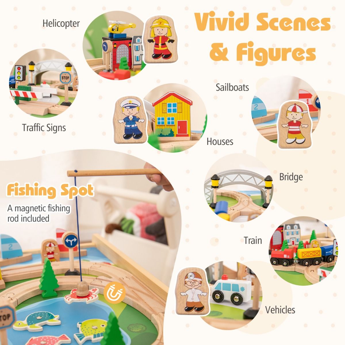 Coast Holzzug-Spieltisch für Kinder – 5-in-1-Aktivitäten-Spieltisch – 78-teilig – Naturfarben