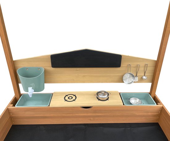 AXI Meli Sandkasten & Spielhaus 120 x 120 cm mit Spielküche – Braun – Mit Dach – FSC-Holz – Mit Kreidetafel, Wassertank und 6-teiligem Spielzeug-Kochset – Mit 2 Bänken - Inklusive Bodenplane – 10 Jahre Garantie