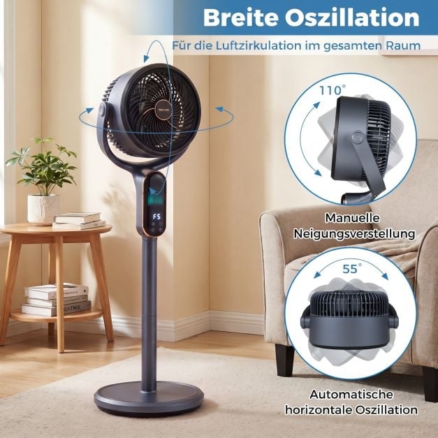 Coast Verstellbarer Stativventilator – 8 Geschwindigkeitsstufen – 54–96 cm – Grau