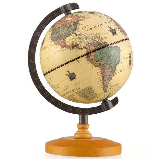 Küstenglobus Bronze - Mini-Globus mit Metallrahmen und Holzständer - Ø14 cm