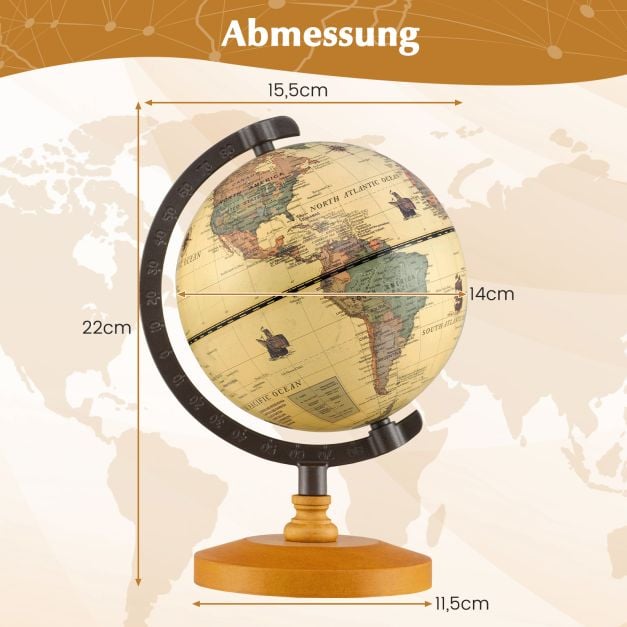 Küstenglobus Bronze - Mini-Globus mit Metallrahmen und Holzständer - Ø14 cm