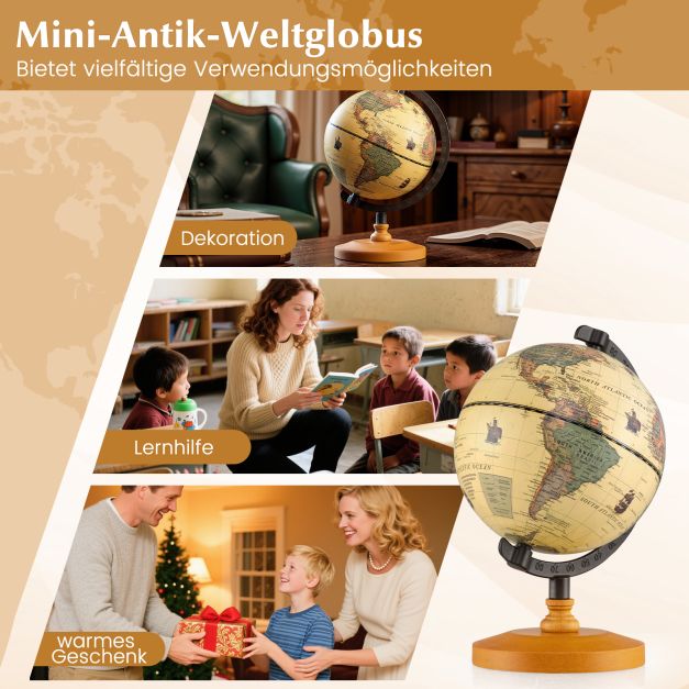 Küstenglobus Bronze - Mini-Globus mit Metallrahmen und Holzständer - Ø14 cm