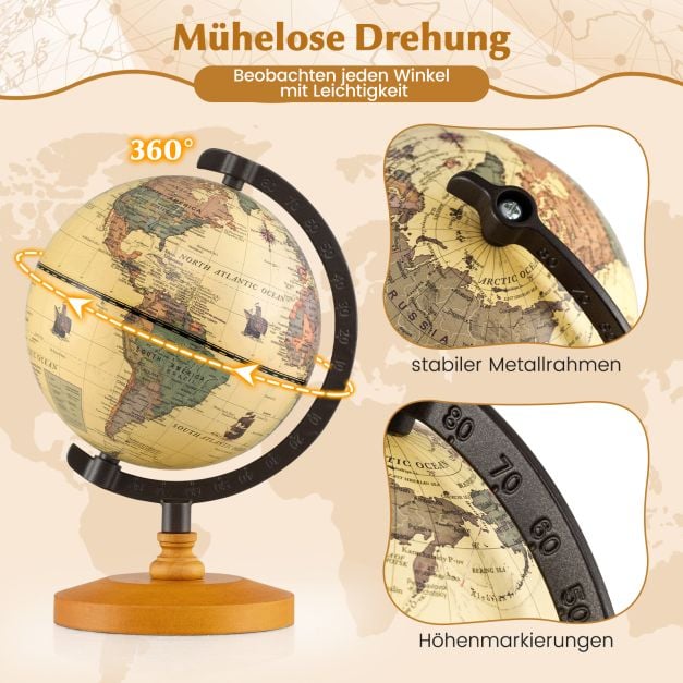 Küstenglobus Bronze - Mini-Globus mit Metallrahmen und Holzständer - Ø14 cm