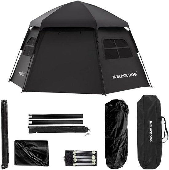 Black Dog Dome-Zelt – Hochwertiges Campingzelt für 6–8 Personen – Sechseckig, automatisch aufstellbar – Tragbares Familienzelt – Zusammenklappbares Vinyl – Schutz vor Sonne und Regen – Schwarz
