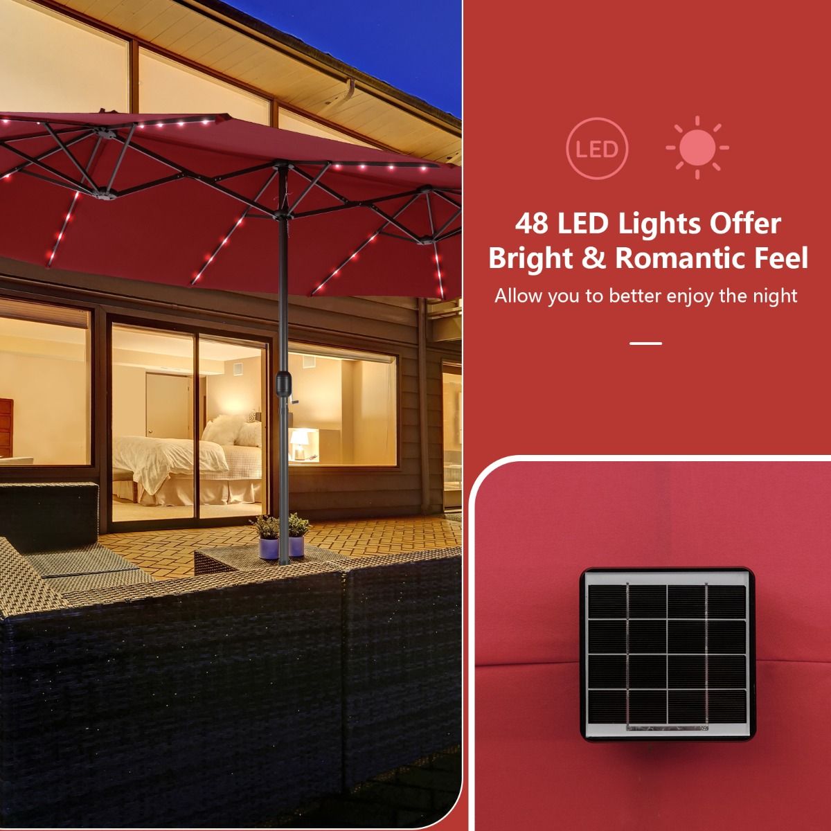 Coast Doppel-Sonnenschirm – 48 solarbetriebene LED-Leuchten – Handkurbel – weinrot 470 x 280 cm