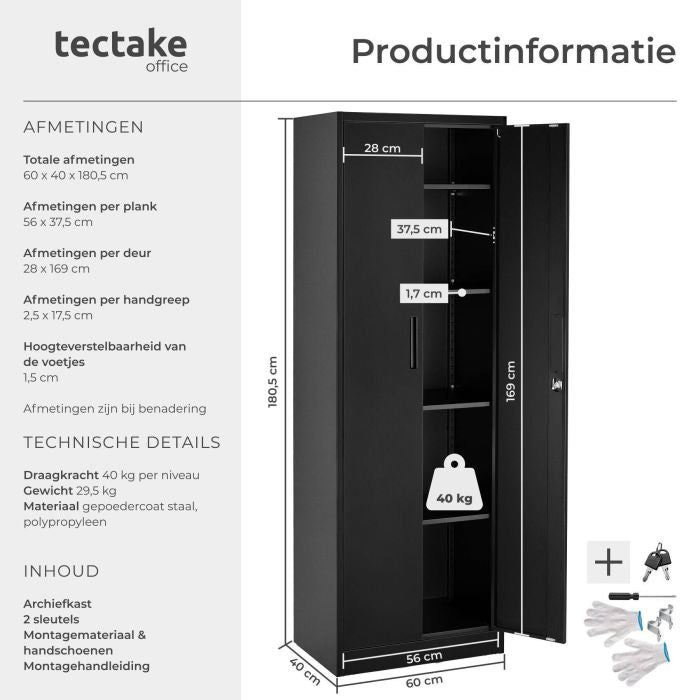 tectake Aktenschrank Brandon – pulverbeschichteter Stahl – 60 x 40 x 180,5 cm – Schwarz