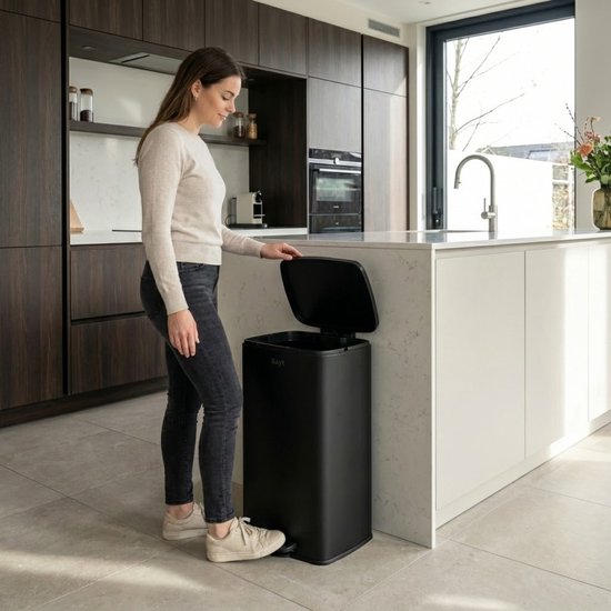 Bayt Mülleimer - Mülleimer 60 Liter - Treteimer 60 Liter - Mülleimer 60 Liter - Abfalleimer - Edelstahl - Schwarz