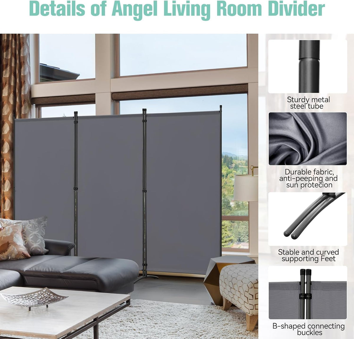 Angel Living Paravent mit 3 Paneelen – 243 x 180 cm – Grau