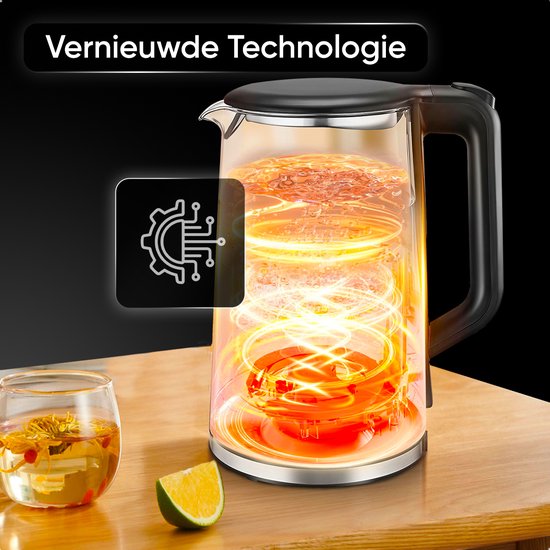 KRAFT - Wasserkocher - mit Temperaturregelung - 1,7 Liter - 2200W - Glas - LED Touch - Schwarz