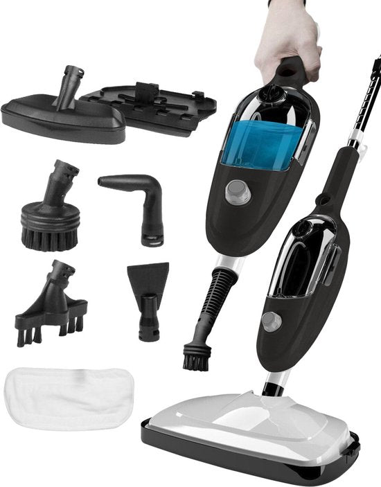 Dampfreiniger 2 in 1 - Handdampfer - Fleckenreiniger - Mit 8 Aufsätzen und 2 Mikrofasertüchern - Sofa-, Boden-, Bad- und Teppichreinigung - Schwarz