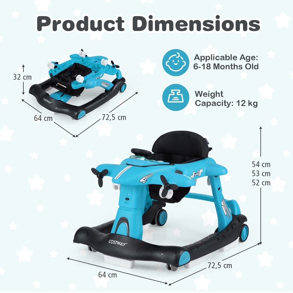 Coast Faltbarer Kinderlaufstuhl – 6-in-1-Design im Flugzeugstil – Höhenverstellbar – Blau/Rot