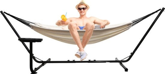 Niceey Hangmat met Standaard â€šÃ„Ã¬ 2 Persoons â€šÃ„Ã¬ Incl. Bekerhouder â€šÃ„Ã¬ 250kg - Beige